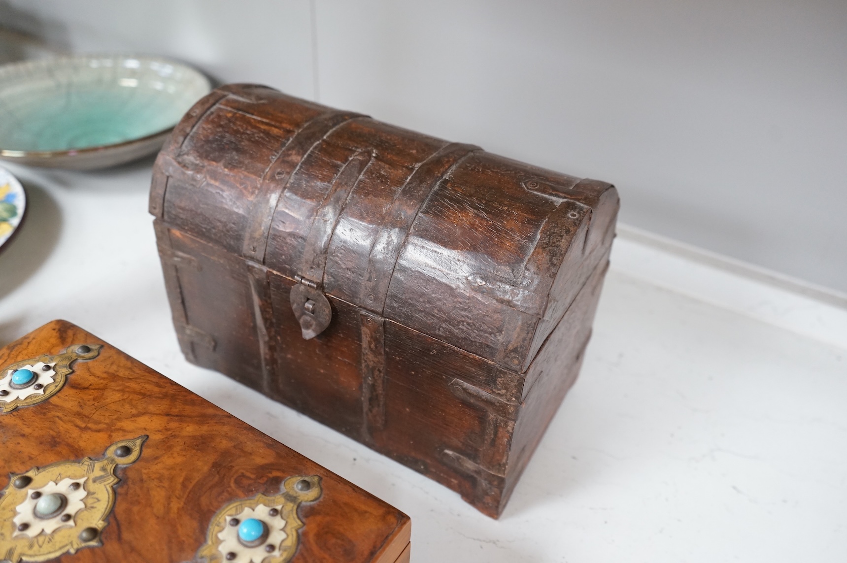 Two 19th century ivory and turquoise glass overlaid burr walnut boxes and an Indo colonial wrought iron mounted miniature chest, 28cm wide CITES Submission reference, T14WQFY5